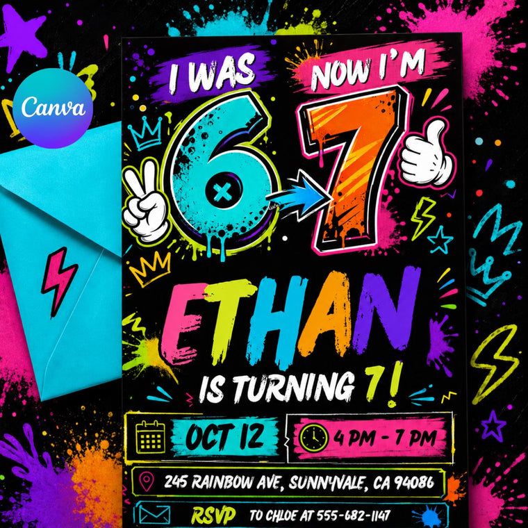 I Was Six, Now I'm Seven Neon Graffiti Birthday Invitation