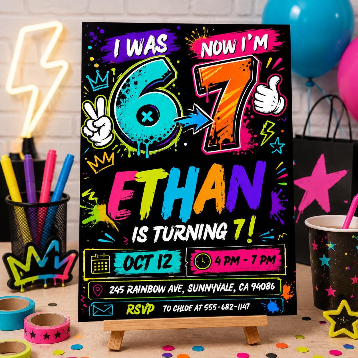 Six Seven Party birthday invitation, printable six seven invite, editable 6 7 meme Party template, Canva digital template, girl boy birthday __etsy:8078500573