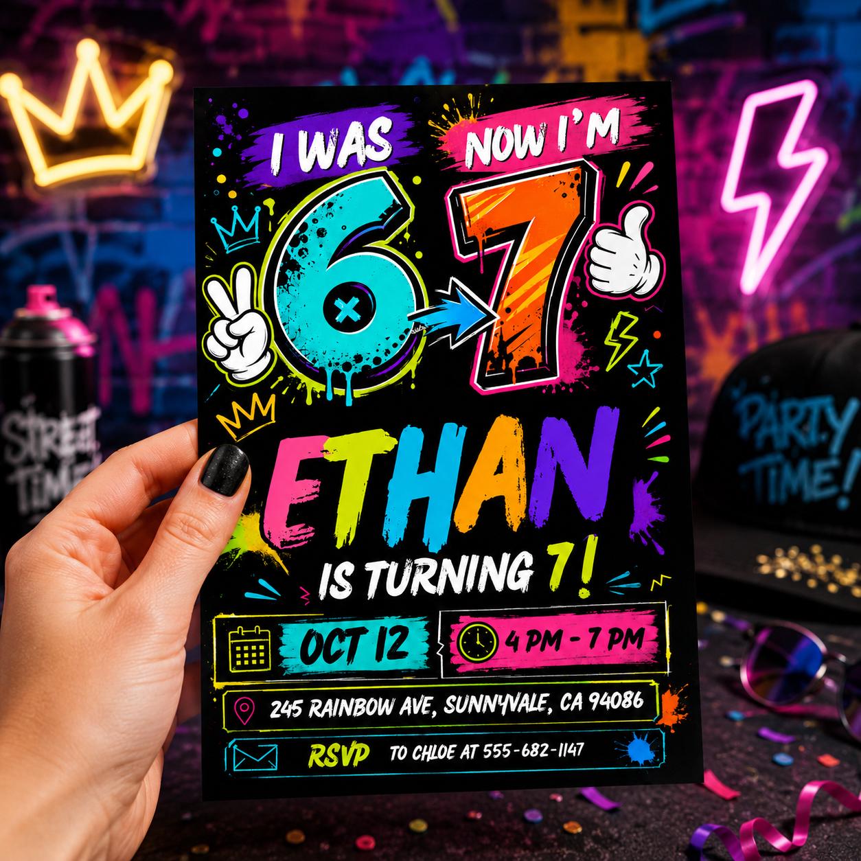 Six Seven Party birthday invitation, printable six seven invite, editable 6 7 meme Party template, Canva digital template, girl boy birthday __etsy:8078500567