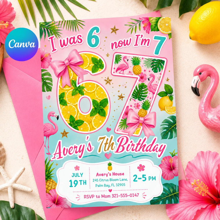 Tropical I Was Six, Now I'm Seven Birthday Invitation