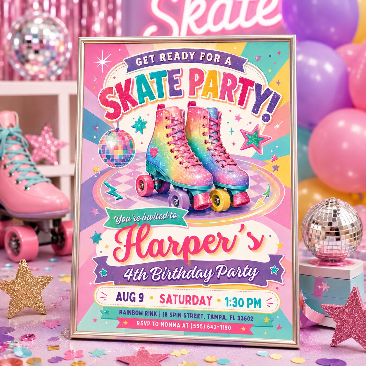 Skate Party Invitation, Roller Skate Birthday Party Invitation, Retro Rainbow Design, Rolling Into 8 Years Old Template, Editable Canva __etsy:8027265776