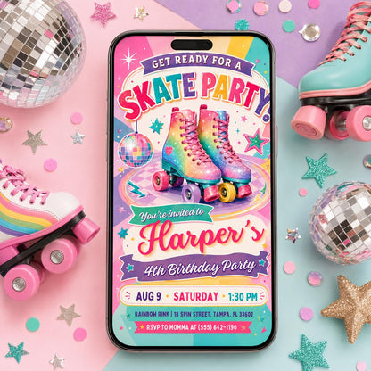 Skate Party Invitation, Roller Skate Birthday Party Invitation, Retro Rainbow Design, Rolling Into 8 Years Old Template, Editable Canva __etsy:8075178833
