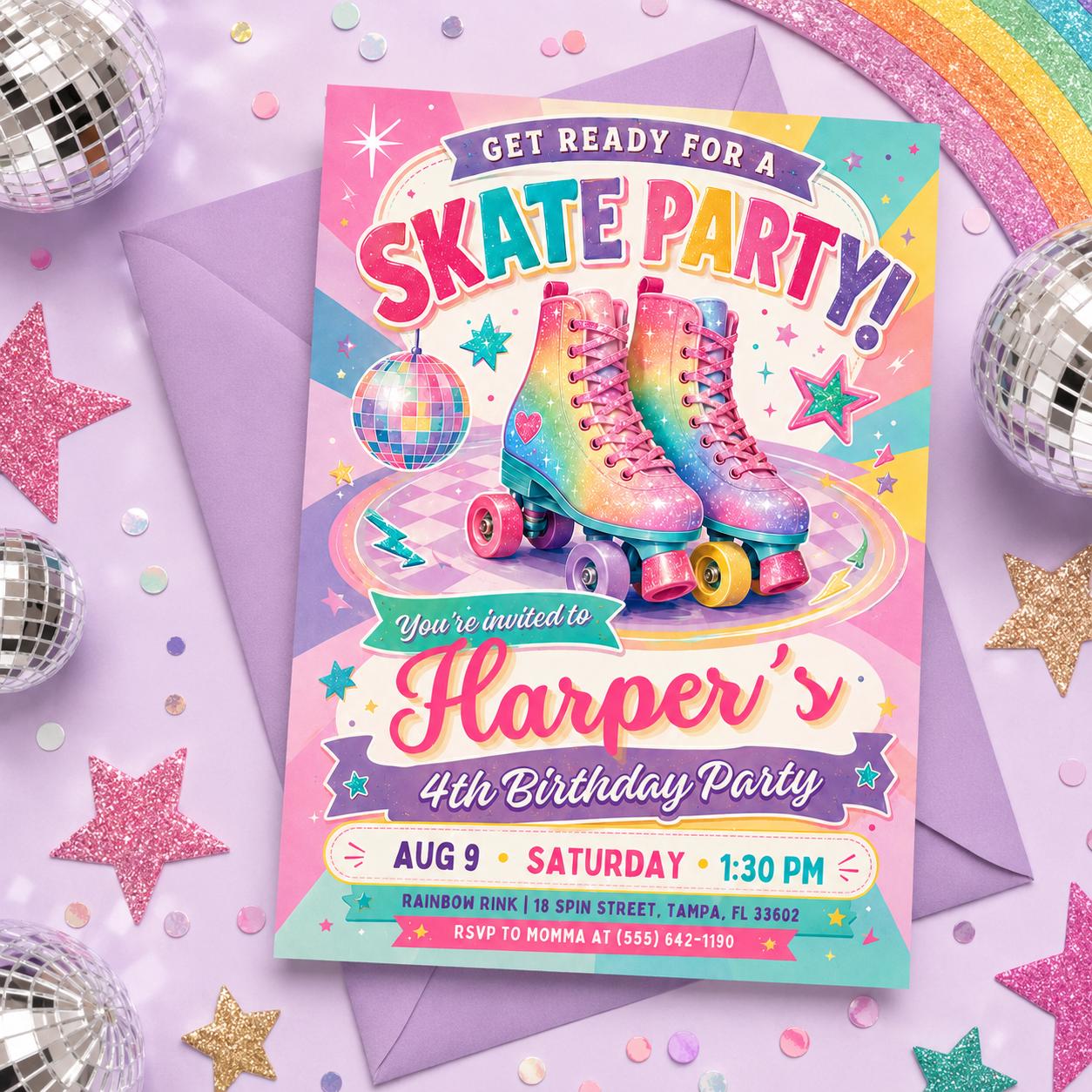 Skate Party Invitation, Roller Skate Birthday Party Invitation, Retro Rainbow Design, Rolling Into 8 Years Old Template, Editable Canva __etsy:8075178835