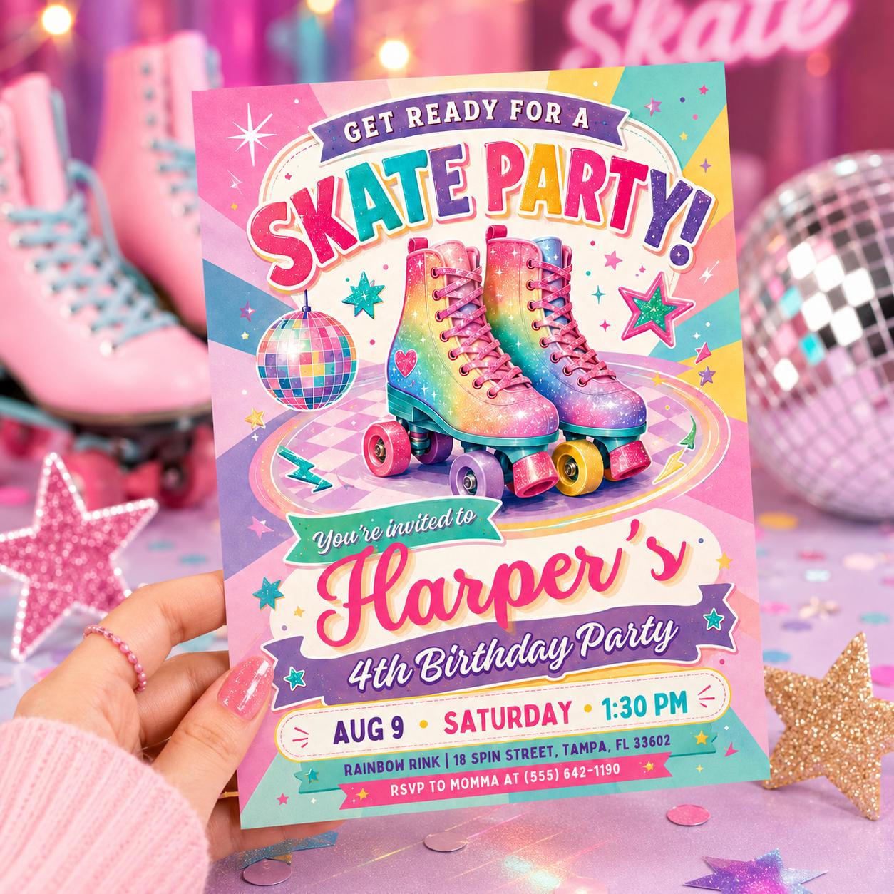 Skate Party Invitation, Roller Skate Birthday Party Invitation, Retro Rainbow Design, Rolling Into 8 Years Old Template, Editable Canva __etsy:8027265804