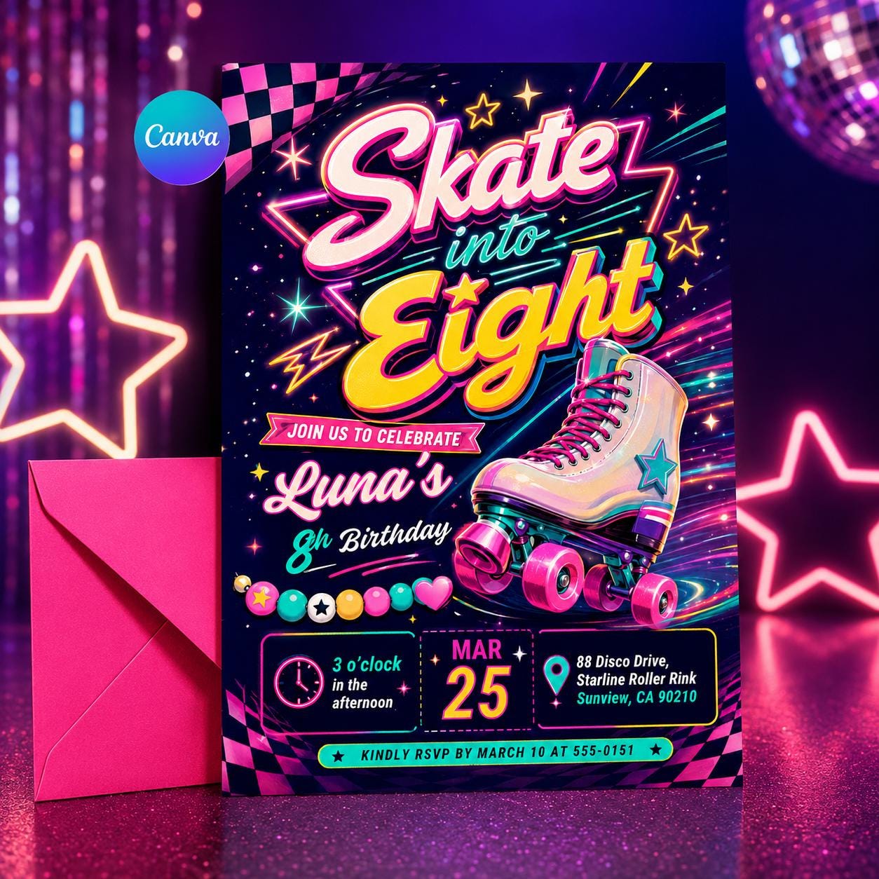 Skate into Eight Birthday,Editable Roller Skating Birthday Invitation, Retro Neon Glow Skate Party Invite, Rolling Into 8 Years Old, Canva __etsy:8063075486