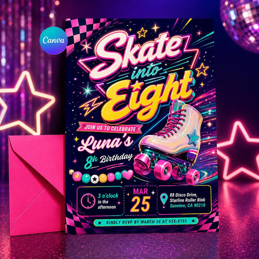 Skate into Eight Birthday,Editable Roller Skating Birthday Invitation, Retro Neon Glow Skate Party Invite, Rolling Into 8 Years Old, Canva __etsy:8063075486