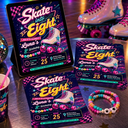 Skate into Eight Birthday,Editable Roller Skating Birthday Invitation, Retro Neon Glow Skate Party Invite, Rolling Into 8 Years Old, Canva __etsy:8110992889