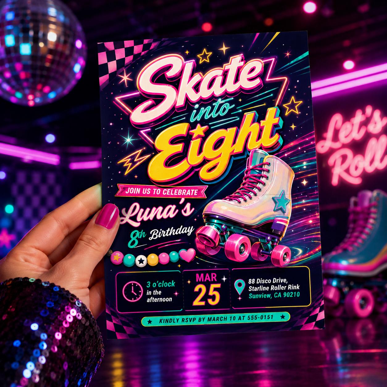 Skate into Eight Birthday,Editable Roller Skating Birthday Invitation, Retro Neon Glow Skate Party Invite, Rolling Into 8 Years Old, Canva __etsy:8110992921