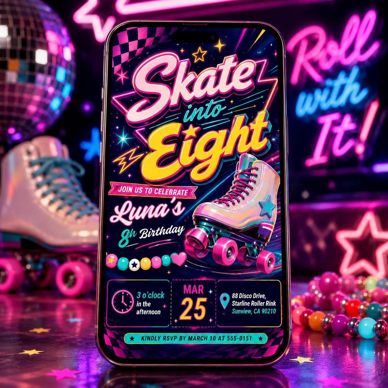 Skate into Eight Birthday,Editable Roller Skating Birthday Invitation, Retro Neon Glow Skate Party Invite, Rolling Into 8 Years Old, Canva __etsy:8063075492