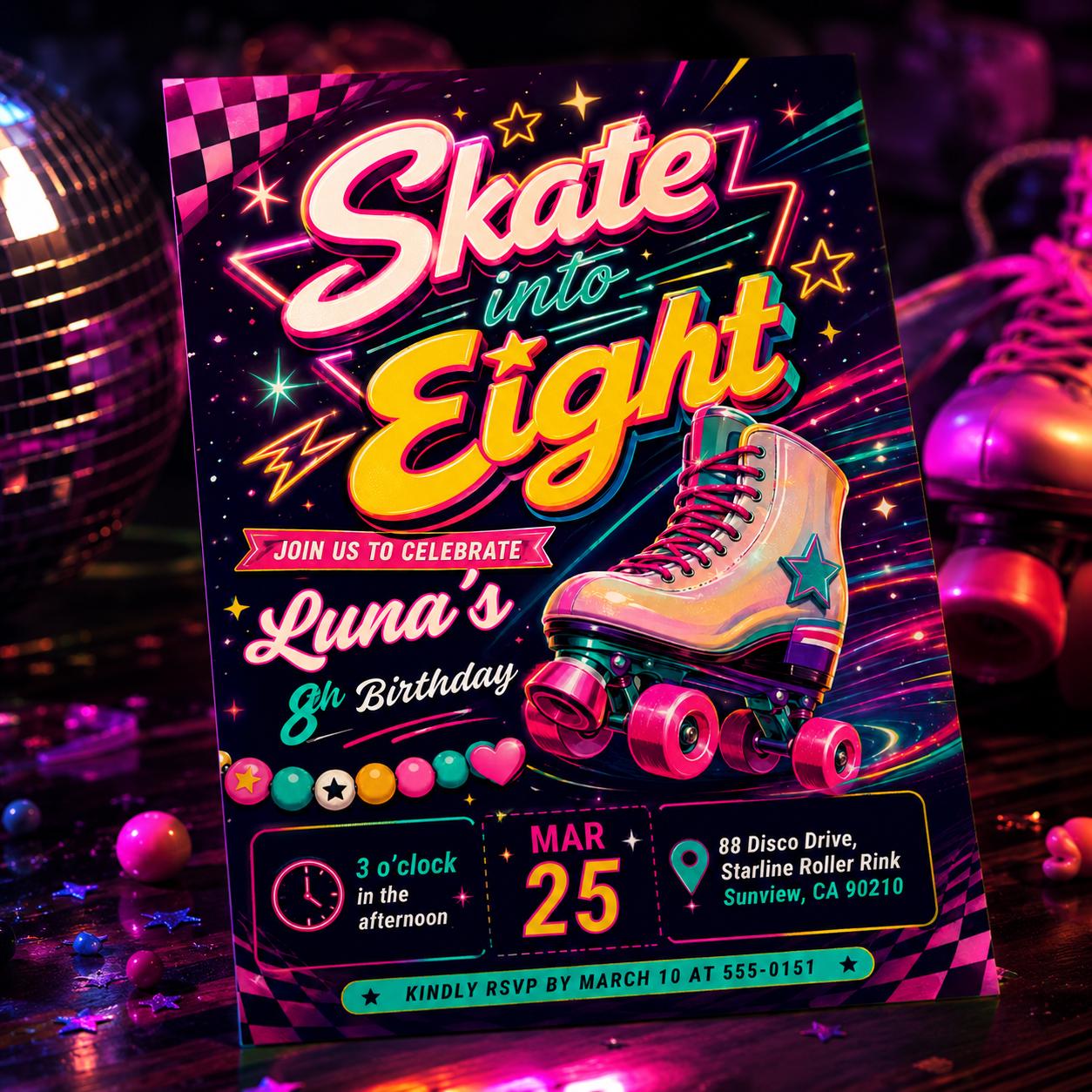 Skate into Eight Birthday,Editable Roller Skating Birthday Invitation, Retro Neon Glow Skate Party Invite, Rolling Into 8 Years Old, Canva __etsy:8110992895