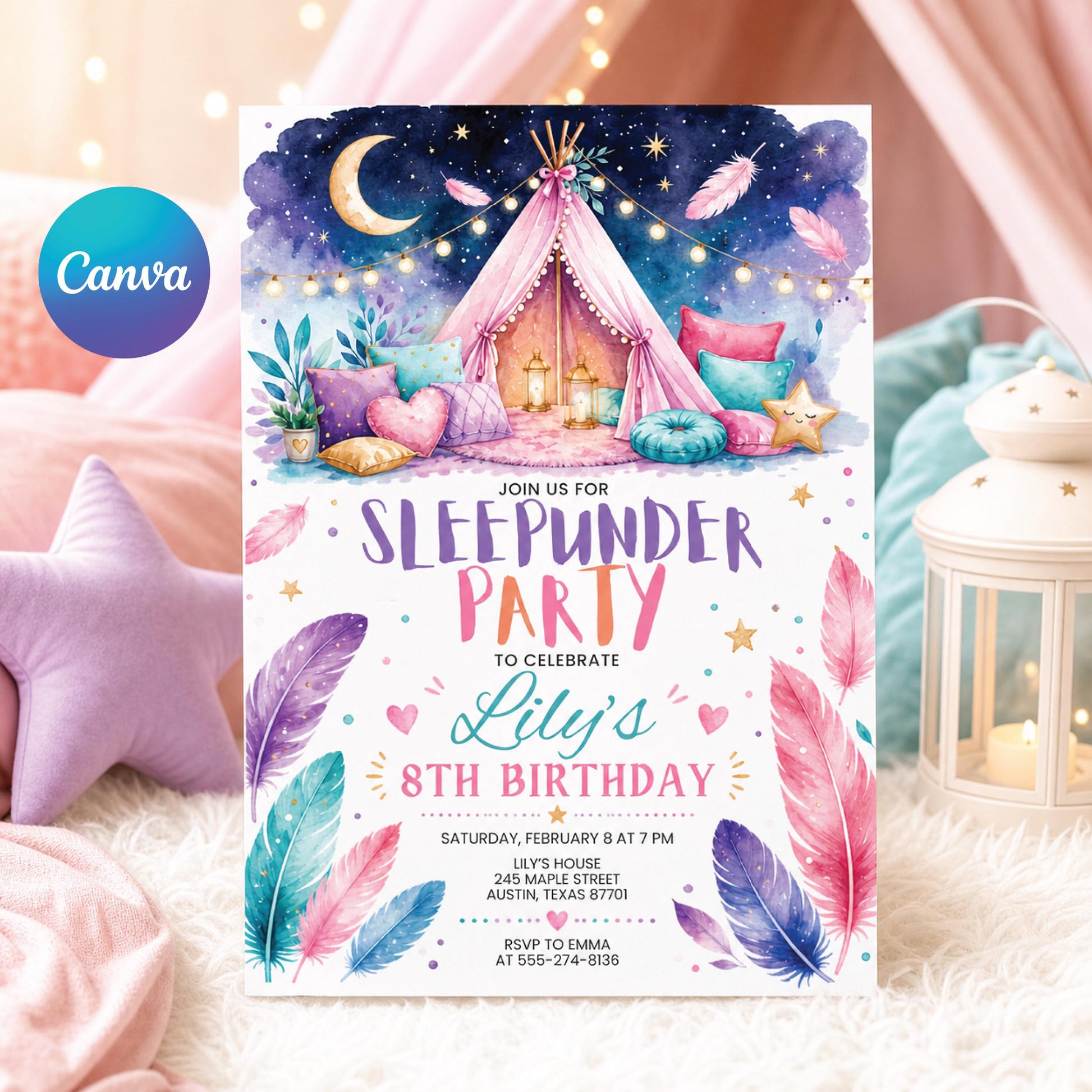 Sleep under, Slumber, birthday invi, Sleepover  party, sleep over birthday, invitation pink purple girl backyard movie night, Template canva __etsy:8024588557
