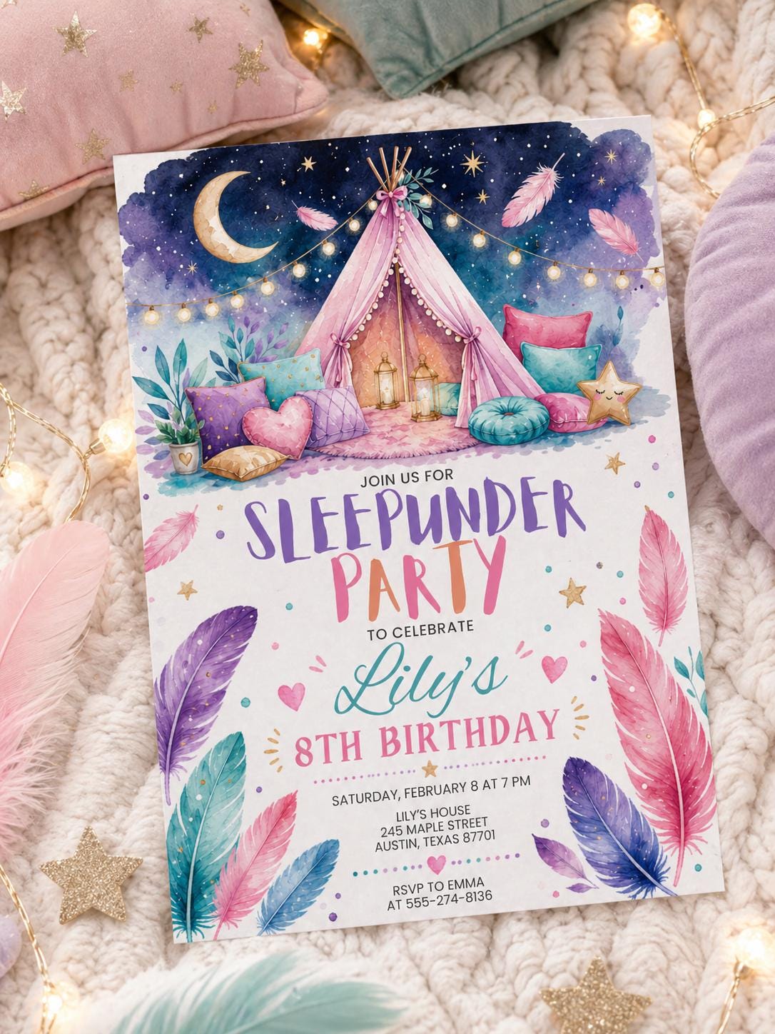 Sleep under, Slumber, birthday invi, Sleepover  party, sleep over birthday, invitation pink purple girl backyard movie night, Template canva __etsy:7972285906