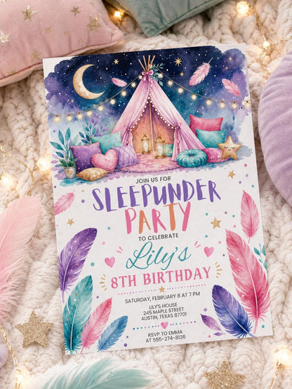 Sleep under, Slumber, birthday invi, Sleepover  party, sleep over birthday, invitation pink purple girl backyard movie night, Template canva __etsy:7972285906
