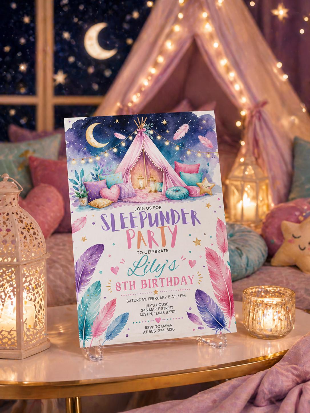 Sleep under, Slumber, birthday invi, Sleepover  party, sleep over birthday, invitation pink purple girl backyard movie night, Template canva __etsy:8020236307