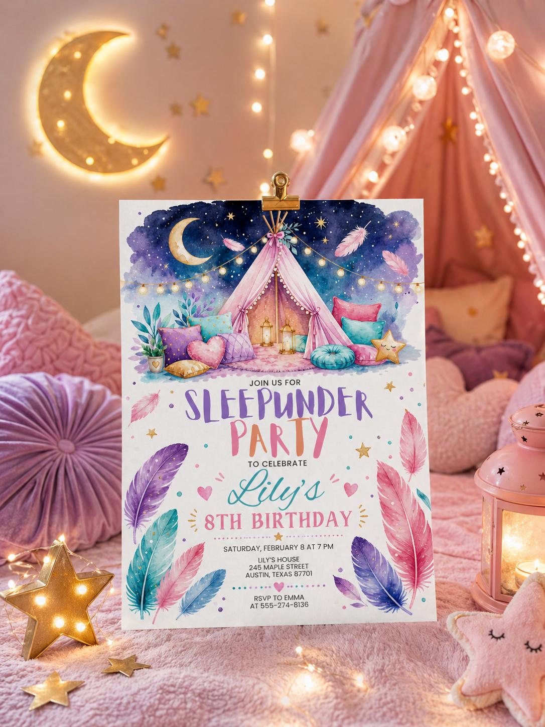 Sleep under, Slumber, birthday invi, Sleepover  party, sleep over birthday, invitation pink purple girl backyard movie night, Template canva __etsy:8020236355