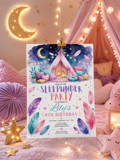 Sleep under, Slumber, birthday invi, Sleepover  party, sleep over birthday, invitation pink purple girl backyard movie night, Template canva __etsy:8020236355