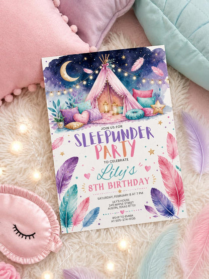 Sleep under, Slumber, birthday invi, Sleepover  party, sleep over birthday, invitation pink purple girl backyard movie night, Template canva __etsy:8020236341