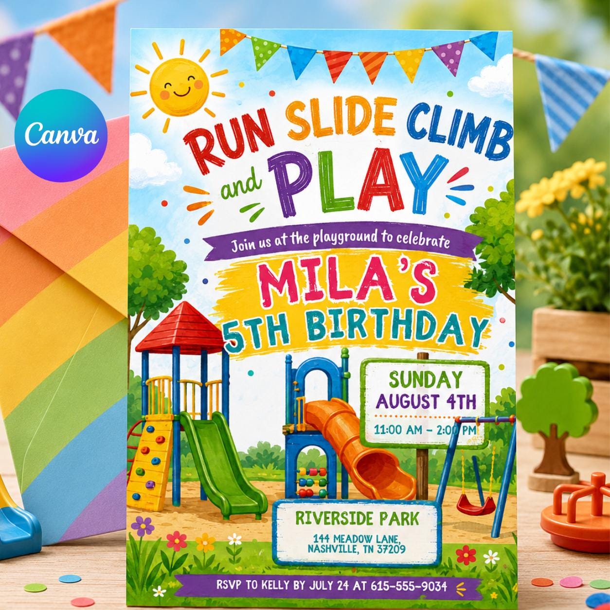 Slide Birthday Invite, Rock Climbing Birthday Invitation, Slide Run And Play Invite, un slide climb jump and play playground, Canva Template __etsy:8032298028