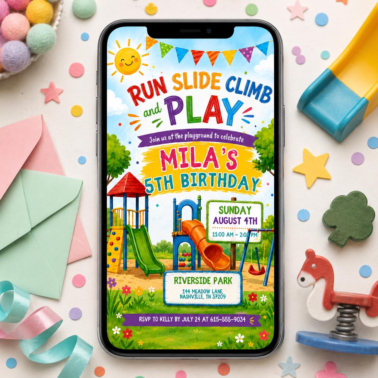 Slide Birthday Invite, Rock Climbing Birthday Invitation, Slide Run And Play Invite, un slide climb jump and play playground, Canva Template __etsy:8032296650