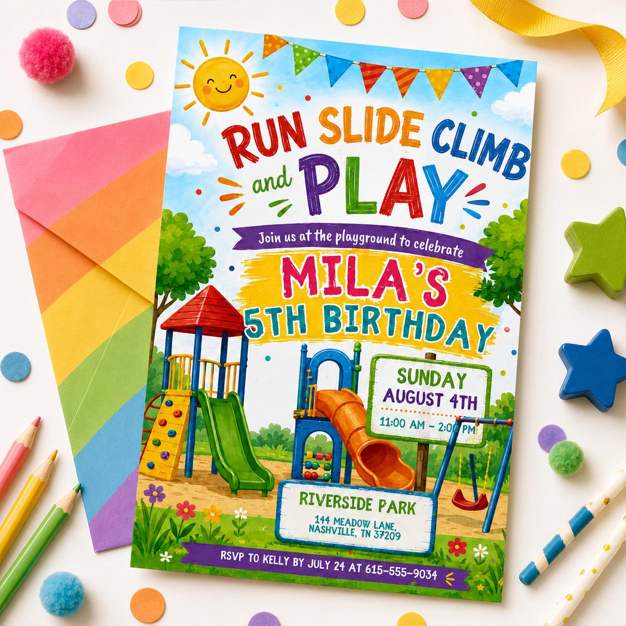 Slide Birthday Invite, Rock Climbing Birthday Invitation, Slide Run And Play Invite, un slide climb jump and play playground, Canva Template __etsy:8032296654