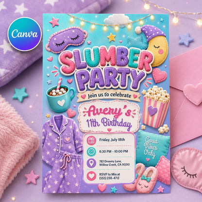 Slumber Party Invitation, Pink Slumber Party Invitation, Girls Sleepover Birthday Invite, Pajama Party Template, Tween Sleepunder Invite __etsy:8108173275