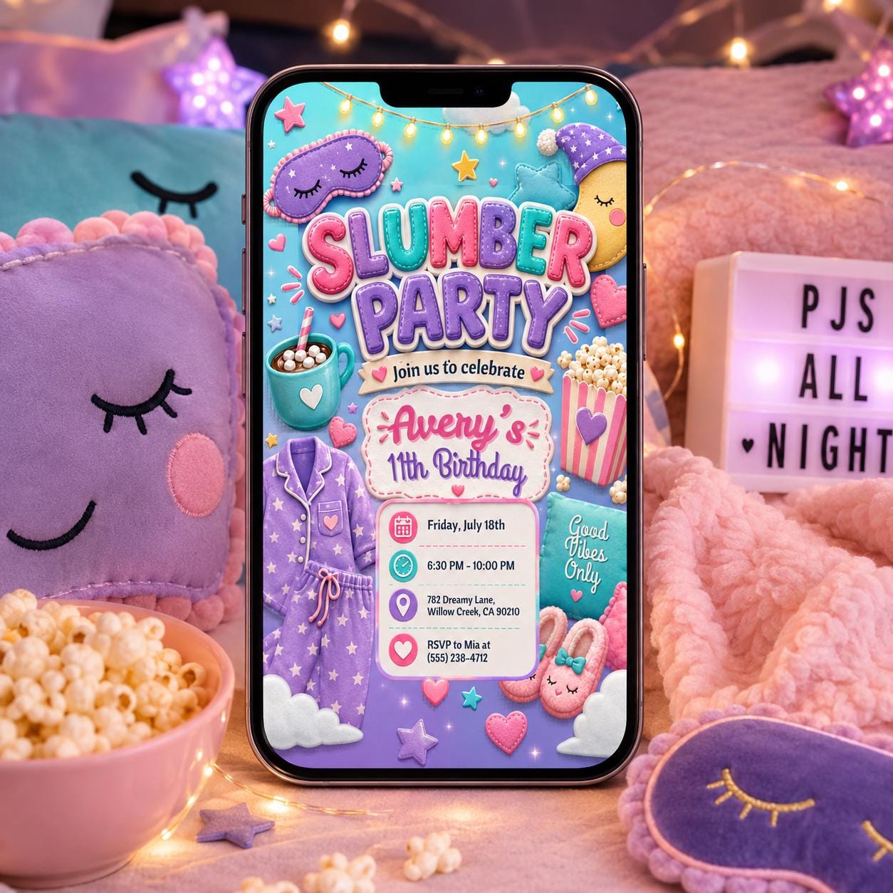 Slumber Party Invitation, Pink Slumber Party Invitation, Girls Sleepover Birthday Invite, Pajama Party Template, Tween Sleepunder Invite __etsy:8060260282