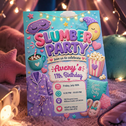Slumber Party Invitation, Pink Slumber Party Invitation, Girls Sleepover Birthday Invite, Pajama Party Template, Tween Sleepunder Invite __etsy:8060260294