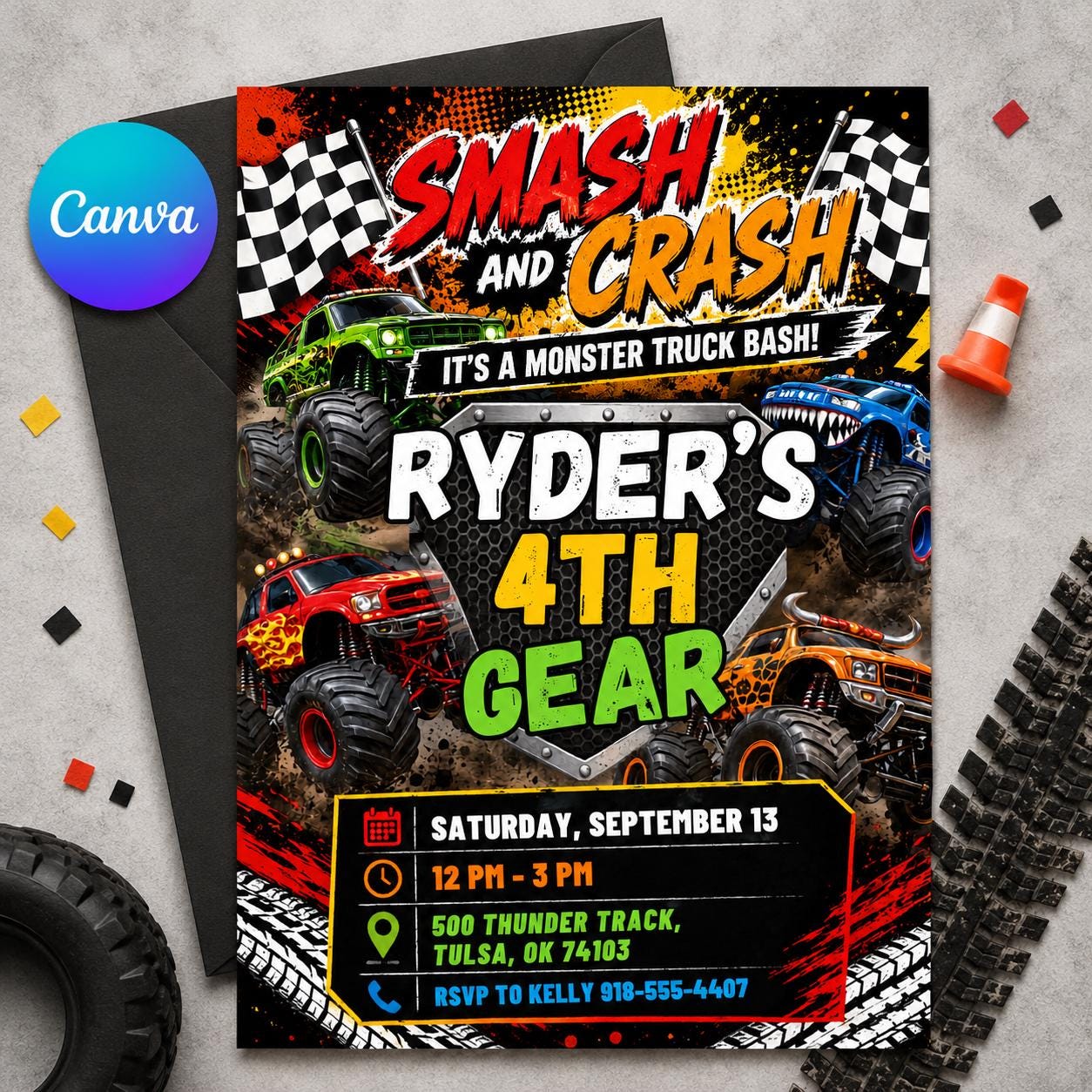 Smash Crash Bash Invite , Monster Truck Birthday Invitation, Canva Template __etsy:8045803098