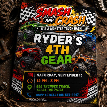 Smash Crash Bash Invite , Monster Truck Birthday Invitation, Canva Template __etsy:8045803064