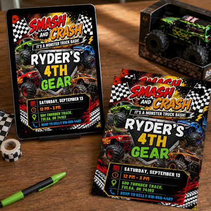 Smash Crash Bash Invite , Monster Truck Birthday Invitation, Canva Template __etsy:8093713973