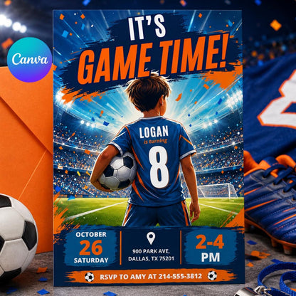 Soccer Birthday Invitation Canva Editable Template, Its Game Time Invite, Soccer Jersey Birthday Invite, Boys Football Party Canva Template __etsy:8078784991