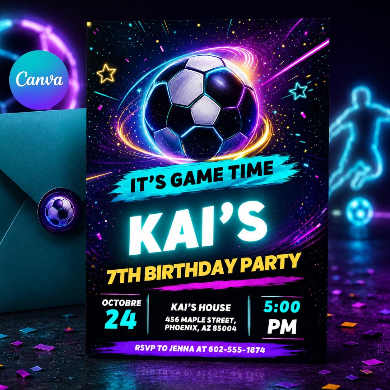 Soccer Birthday Invitation Canva Editable Template, Its Game Time Invite, Soccer Jersey Birthday Invite, Boys Football Party Canva Template __etsy:8080303223