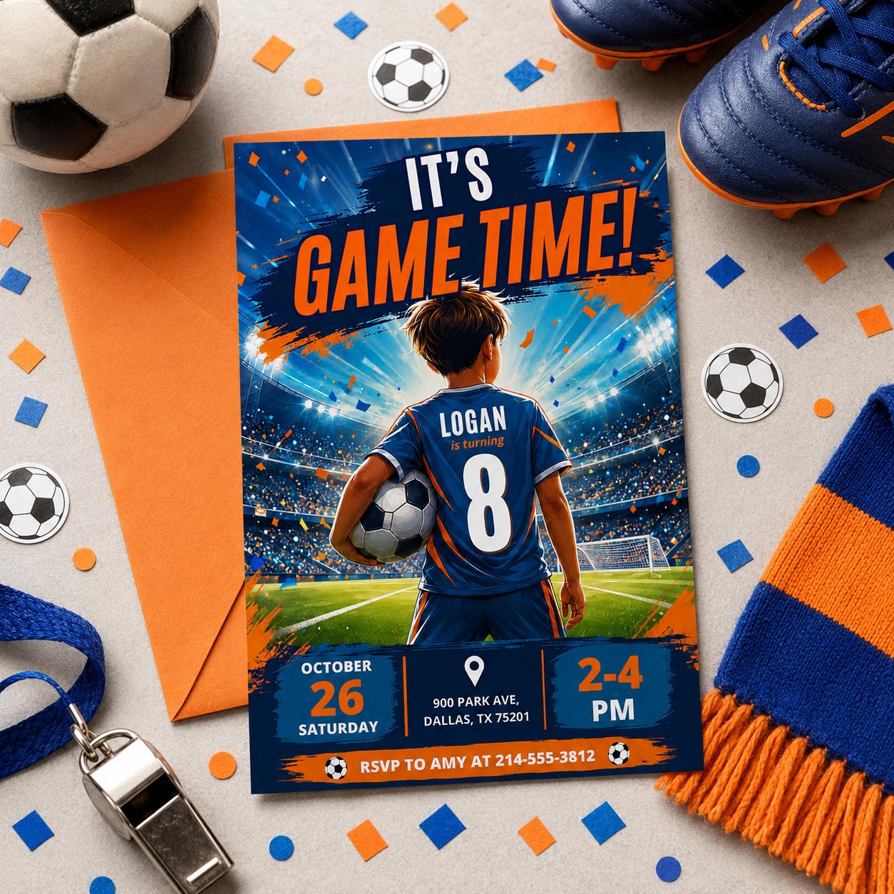 Soccer Birthday Invitation Canva Editable Template, Its Game Time Invite, Soccer Jersey Birthday Invite, Boys Football Party Canva Template __etsy:8030875084