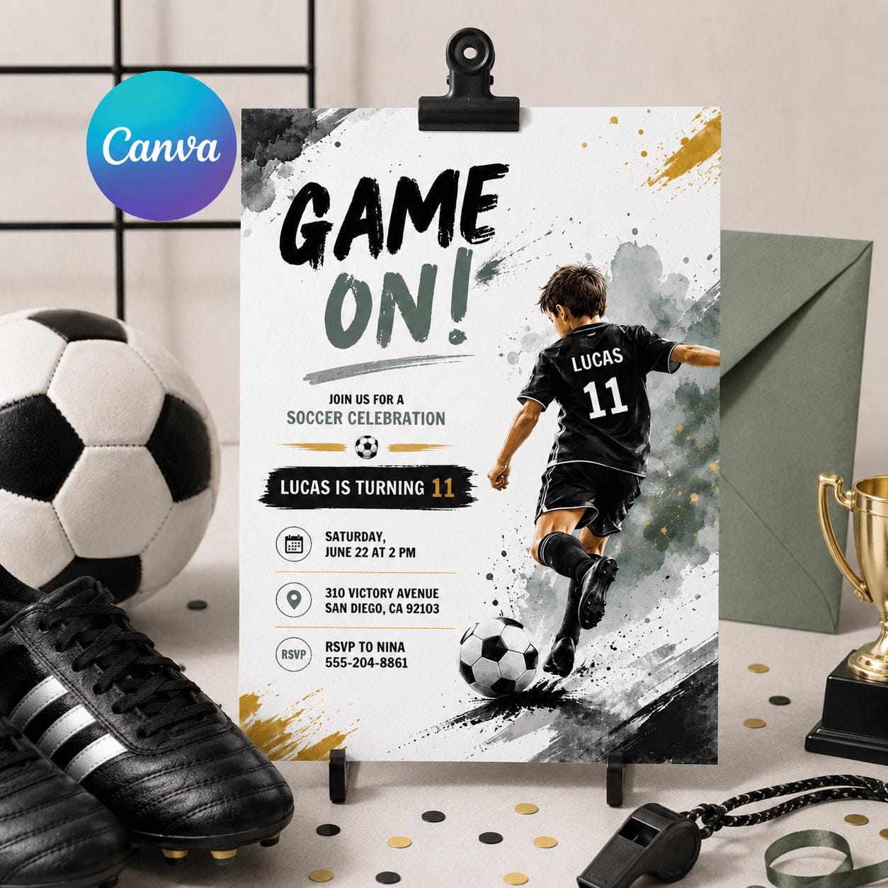 Soccer Birthday Invitation Card, Sports Party Invite, GOAL Editable Canva Template, Boys Girls Outdoor Theme Birthday Evite, Canva Template __etsy:8011218282