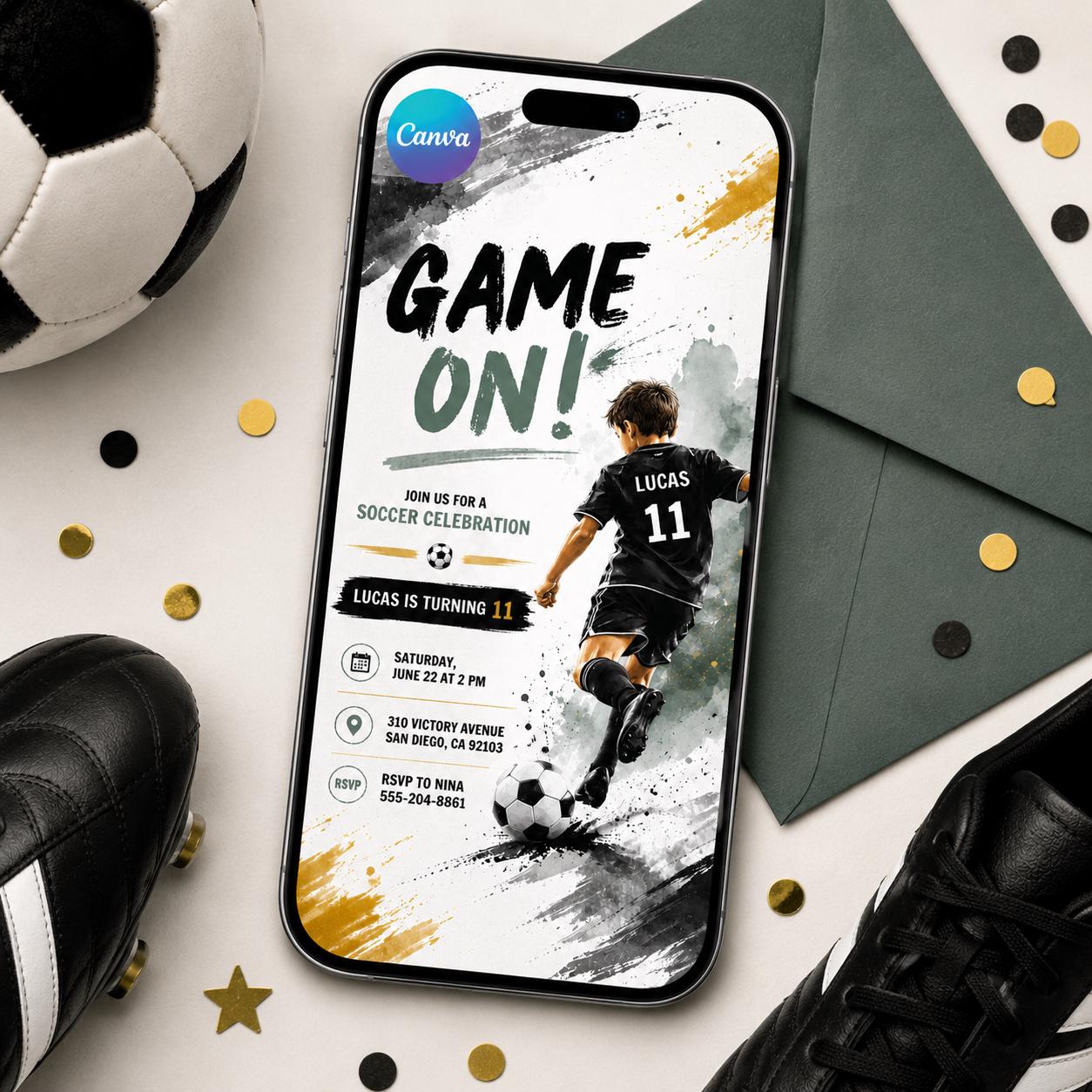 Soccer Birthday Invitation Card, Sports Party Invite, GOAL Editable Canva Template, Boys Girls Outdoor Theme Birthday Evite, Canva Template __etsy:8059131779