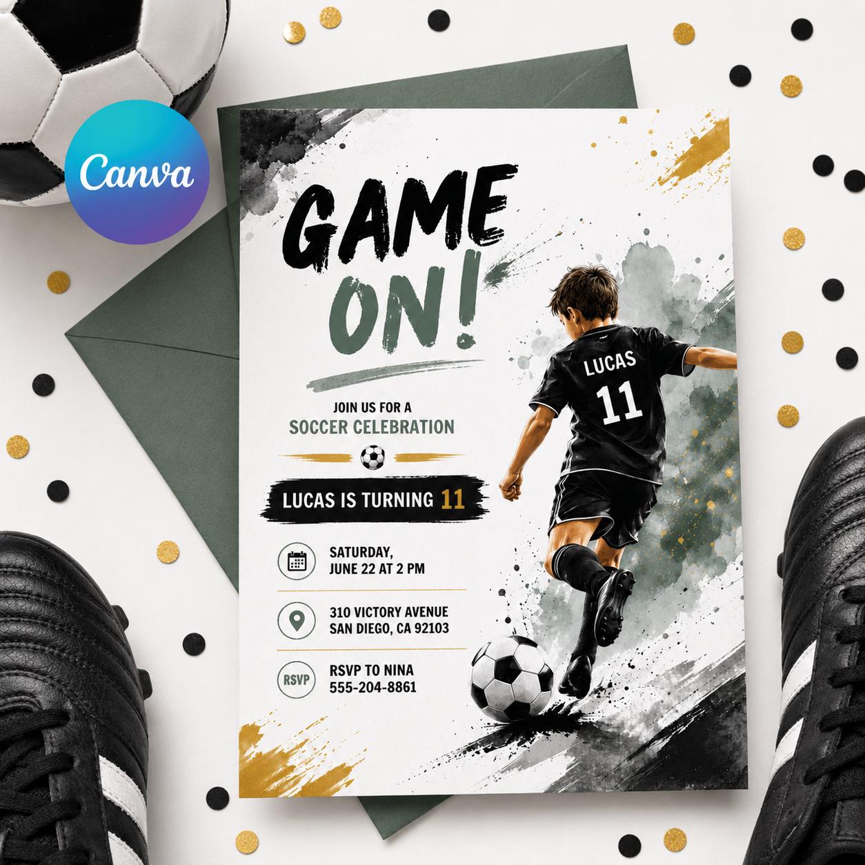Soccer Birthday Invitation Card, Sports Party Invite, GOAL Editable Canva Template, Boys Girls Outdoor Theme Birthday Evite, Canva Template __etsy:8059131775