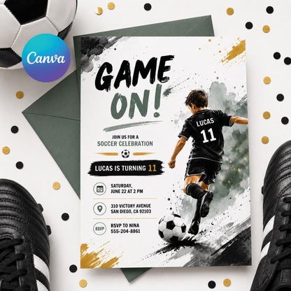 Soccer Birthday Invitation Card, Sports Party Invite, GOAL Editable Canva Template, Boys Girls Outdoor Theme Birthday Evite, Canva Template __etsy:8059131775
