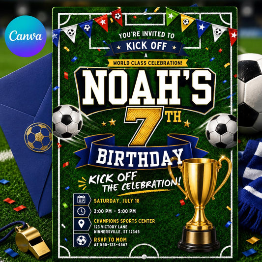 Soccer Birthday Invitation, Soccer Invitation, Football Flyer, Kick off Celebration Soccer Party, Football Party, Editable Canva Template __etsy:8094883975