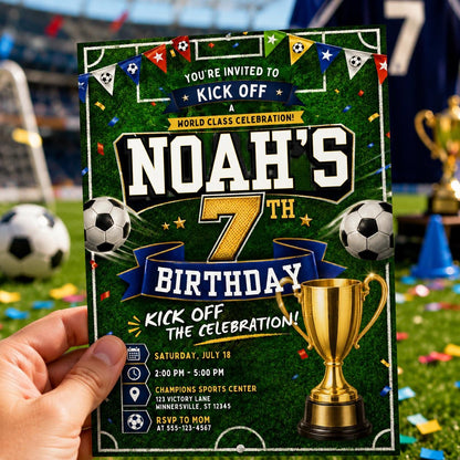 Soccer Birthday Invitation, Soccer Invitation, Football Flyer, Kick off Celebration Soccer Party, Football Party, Editable Canva Template __etsy:8094884015