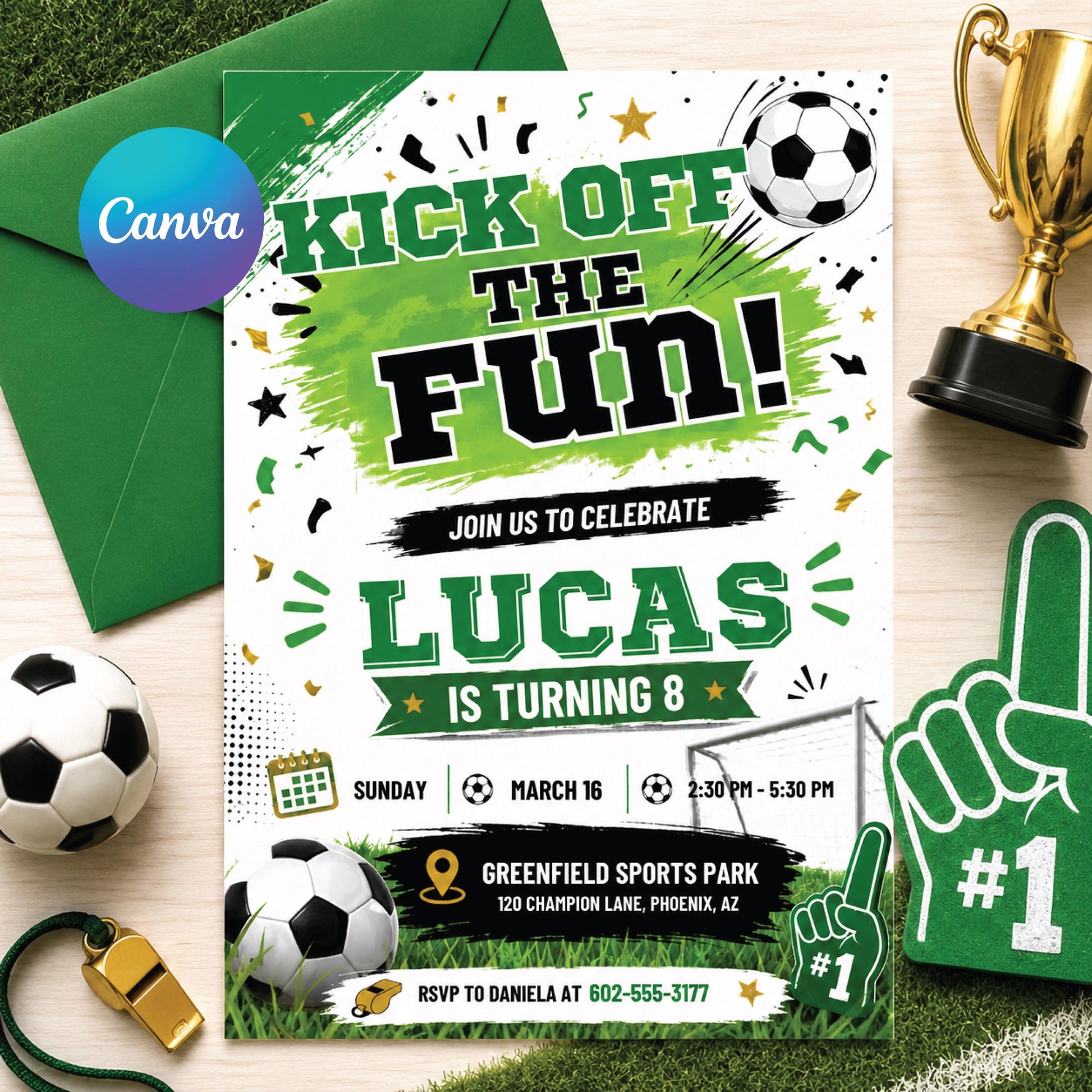 Soccer Birthday Invitation Template, Kick Off The Fun, Soccer Birthday Party Invitation, Editable Canva Template Soccer GOAT invite __etsy:8023471598