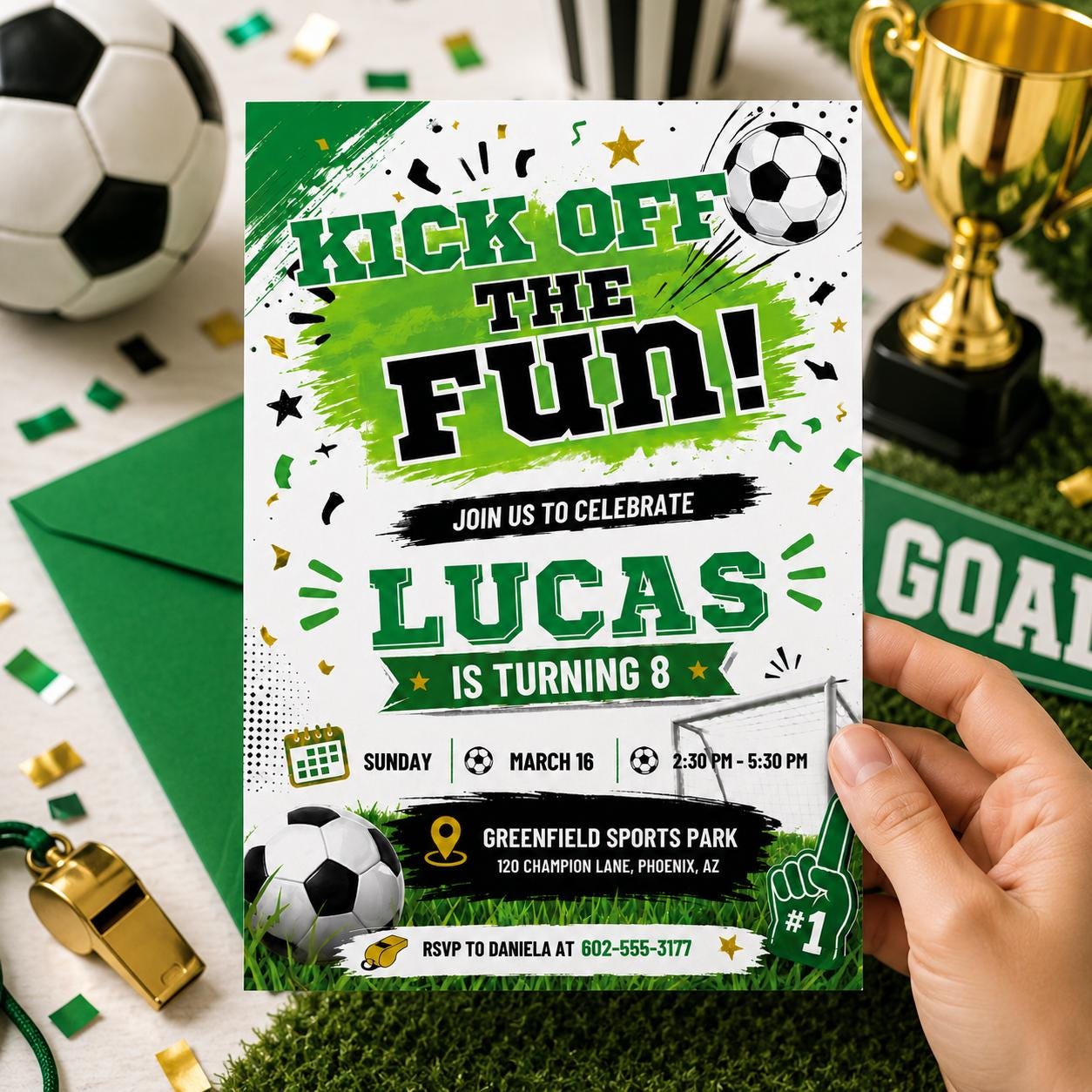 Soccer Birthday Invitation Template, Kick Off The Fun, Soccer Birthday Party Invitation, Editable Canva Template Soccer GOAT invite __etsy:8071382591