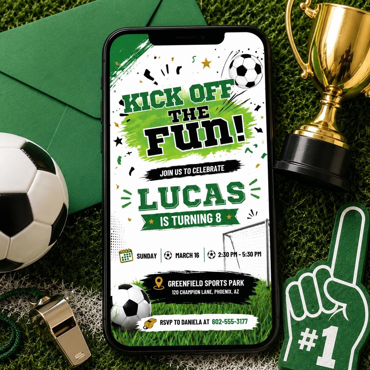 Soccer Birthday Invitation Template, Kick Off The Fun, Soccer Birthday Party Invitation, Editable Canva Template Soccer GOAT invite __etsy:8023471126