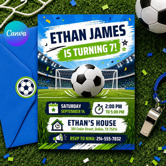 Soccer Birthday Party Invitation, Customizable Goal-Themed Sports Invite, Soccer GOAT invite, Kid Soccer Birthday Canva Invitation __etsy:8030517508