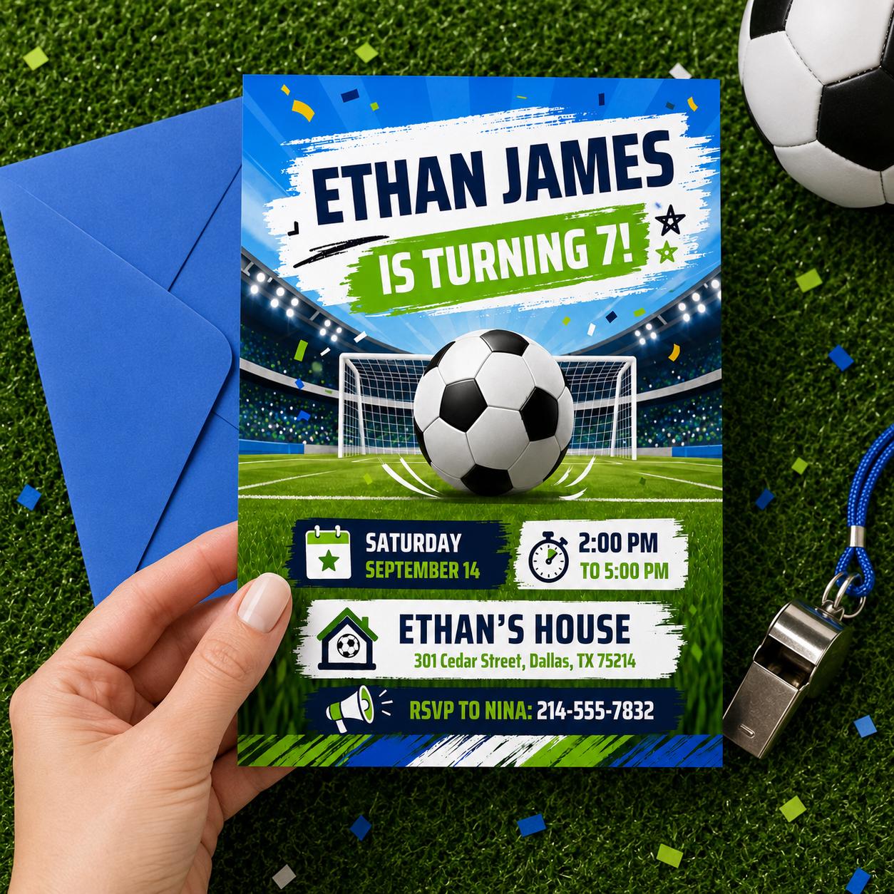 Soccer Birthday Party Invitation, Customizable Goal-Themed Sports Invite, Soccer GOAT invite, Kid Soccer Birthday Canva Invitation __etsy:8030513428