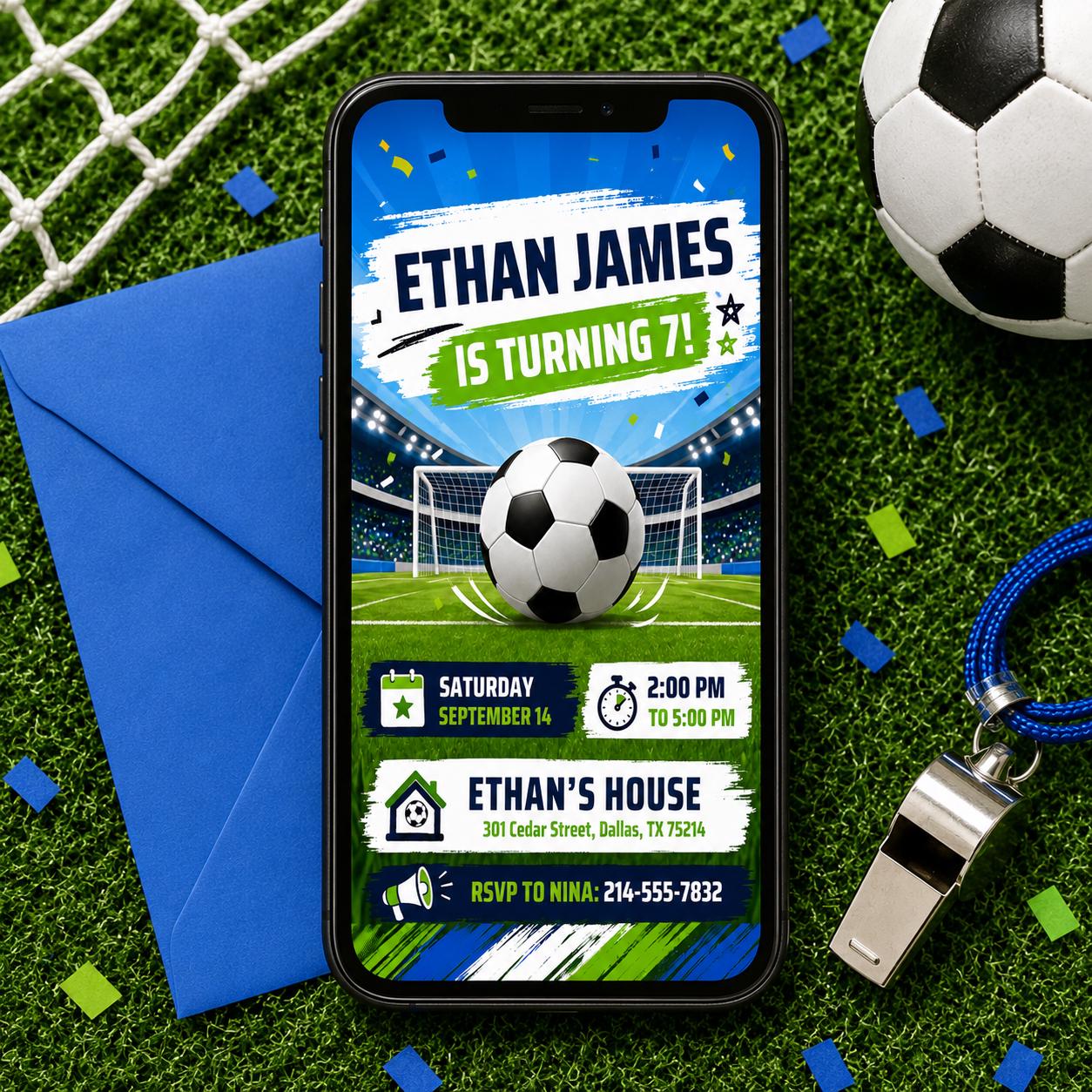 Soccer Birthday Party Invitation, Customizable Goal-Themed Sports Invite, Soccer GOAT invite, Kid Soccer Birthday Canva Invitation __etsy:8078421211