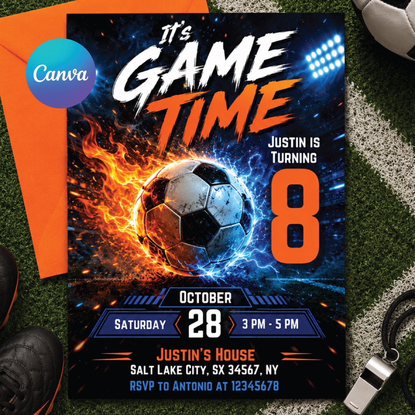 Soccer Birthday Party Invitation, Editable Canva Template, Customizable Goal-Themed Sports Invite, Soccer GOAT invite __etsy:8012855008