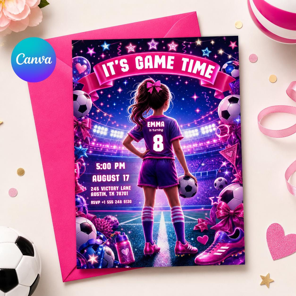 Soccer Girl Birthday Invitation Neon Pink Purple It's Game Time Party Invite Lets Kick It Watercolor Sports Soccer Ball Tween Canva template __etsy:8024831953