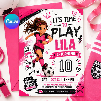 Soccer Girl Birthday Invitation Neon Pink Purple It's Game Time Party Invite Lets Kick It Watercolor Sports Soccer Ball Tween Canva template __etsy:8080750075