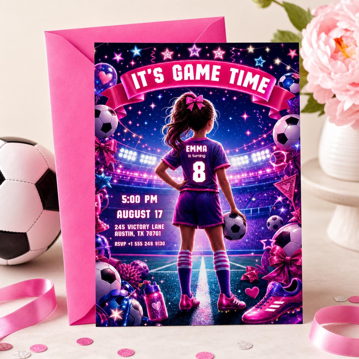 Soccer Girl Birthday Invitation Neon Pink Purple It's Game Time Party Invite Lets Kick It Watercolor Sports Soccer Ball Tween Canva template __etsy:8024837281