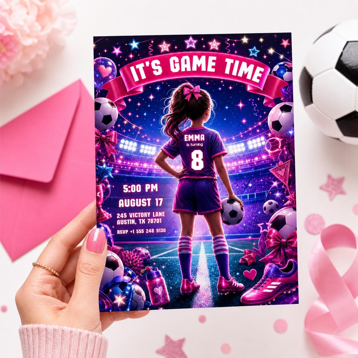 Soccer Girl Birthday Invitation Neon Pink Purple It's Game Time Party Invite Lets Kick It Watercolor Sports Soccer Ball Tween Canva template __etsy:8024837671